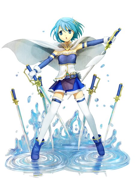 Anime picture 1200x1600 with mahou shoujo madoka magica shaft (studio) miki sayaka krste single tall image fringe short hair blue eyes simple background hair between eyes white background holding looking away full body parted lips aqua hair :o spread legs spread arms