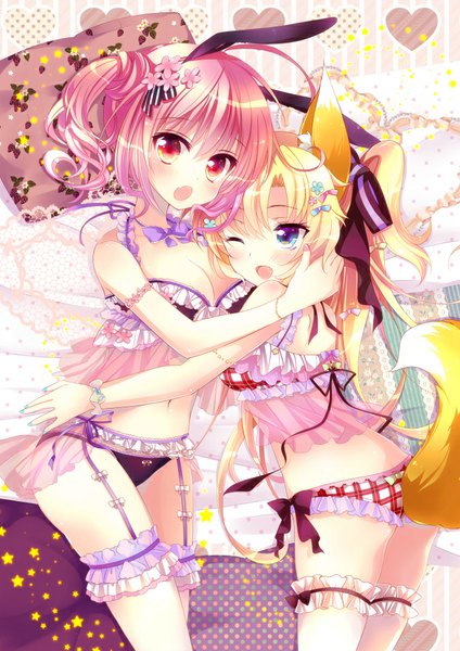 Anime picture 674x953 with original ichiyou moka tall image blush open mouth blue eyes light erotic smile red eyes multiple girls animal ears yellow eyes ponytail tail nail polish animal tail one eye closed hair flower wink bunny ears