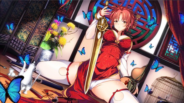 Anime picture 1678x945 with benghuai xueyuan benghuai xueyuan 2 honkai (series) jianren single looking at viewer short hair breasts light erotic wide image brown eyes red hair traditional clothes chinese clothes girl thighhighs underwear panties flower (flowers) weapon