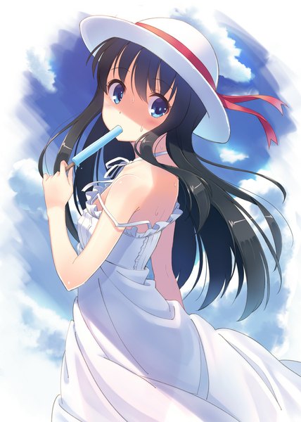 Anime picture 800x1122 with original hyuuga azuri single long hair tall image looking at viewer blush blue eyes black hair bare shoulders sweat turning head see-through silhouette girl dress hat food white dress sweets sundress
