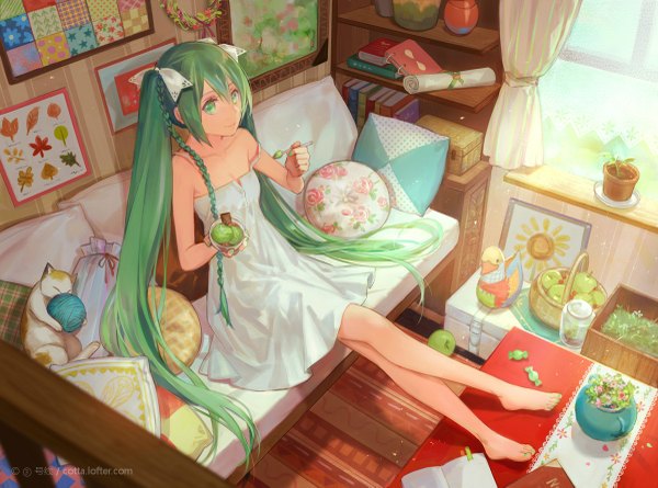 Anime picture 1200x891 with vocaloid hatsune miku cotta single long hair looking at viewer smile sitting twintails bare shoulders holding green eyes payot cleavage indoors braid (braids) nail polish barefoot green hair from above
