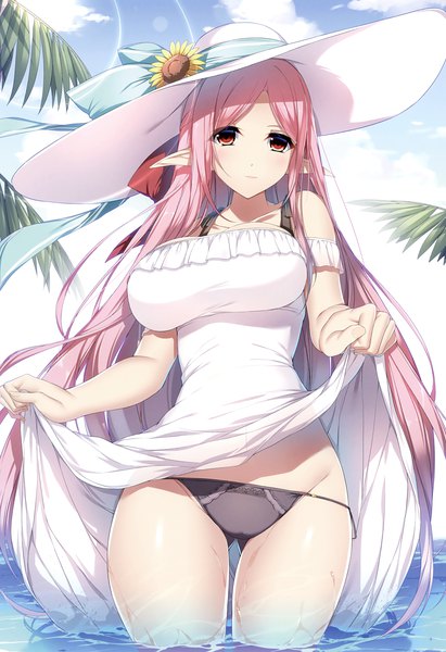 Anime picture 2261x3300 with melonbooks minamon (vittel221) single tall image looking at viewer blush fringe highres breasts light erotic large breasts standing brown eyes pink hair sky cloud (clouds) outdoors very long hair pointy ears scan