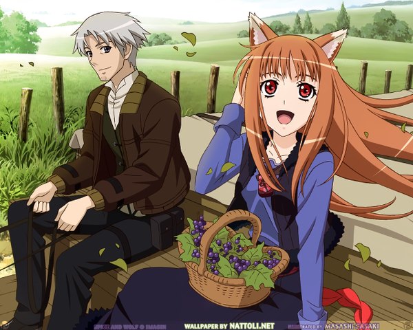 Anime picture 1280x1024 with spice and wolf horo craft lawrence long hair short hair smile red eyes brown hair animal ears wind grey hair wolf ears wolf girl girl
