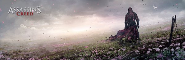 Anime picture 1673x543 with assassin's creed (game) chaoyuan xu single highres wide image sky cloud (clouds) text field boy flower (flowers) weapon plant (plants) animal petals sword belt bird (birds) chain grass