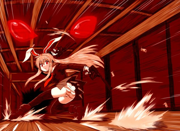 Anime picture 1378x1000 with touhou reisen udongein inaba m.m single long hair fringe light erotic blonde hair hair between eyes red eyes holding full body ass looking back bunny ears pantyshot bunny girl bunny tail dual wielding girl