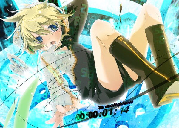 Anime picture 1200x857 with vocaloid kagamine len hekicha short hair open mouth blue eyes blonde hair blue background arms behind head boy shorts boots headphones wire (wires)
