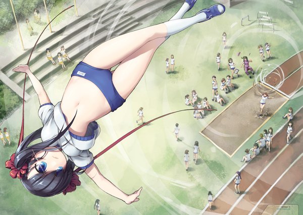 Anime picture 1687x1200 with original lena (zoal) long hair blue eyes black hair twintails multiple girls from above spread arms 6+ girls jumping midair girl navel uniform ribbon (ribbons) hair ribbon gym uniform stadium