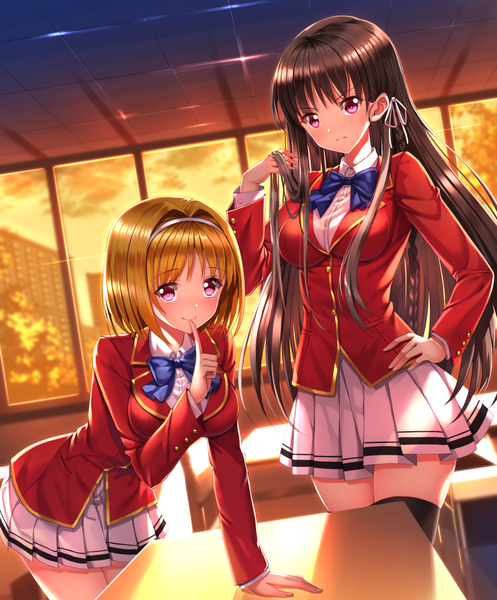 Anime picture 1102x1330 with youkoso jitsuryoku shijou shugi no kyoushitsu e horikita suzune kushida kikyou swordsouls long hair tall image looking at viewer blush short hair blonde hair smile brown hair multiple girls indoors pink eyes leaning leaning forward adjusting hair finger to mouth classroom