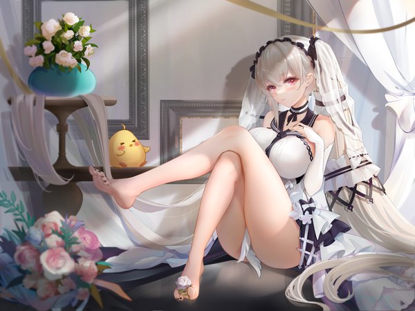 Anime picture 7200x5400 with azur lane manjuu (azur lane) formidable (azur lane) formidable (timeless classics) (azur lane) liu liaoliao single looking at viewer blush fringe highres breasts light erotic hair between eyes red eyes large breasts sitting twintails bare shoulders payot absurdres