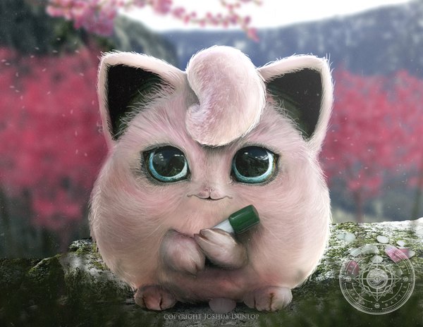 Anime picture 1600x1238 with pokemon nintendo jigglypuff joshuadunlop looking at viewer signed blurry depth of field cherry blossoms gen 1 pokemon petals microphone branch pokemon (creature)