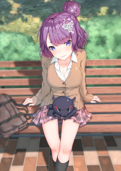 Anime picture 1000x1414 with fate (series) fate/grand order katsushika hokusai (fate/grand order) tokitarou (fate/grand order) sahara386 single tall image looking at viewer blush fringe short hair breasts blue eyes sitting cleavage purple hair outdoors blunt bangs pleated skirt hair flower