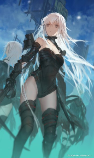 Anime picture 1134x1890 with original pixiv fantasia pixiv fantasia revenge of the darkness swd3e2 tall image fringe light erotic hair between eyes multiple girls holding looking away ass white hair very long hair wind blurry grey eyes :< girl weapon