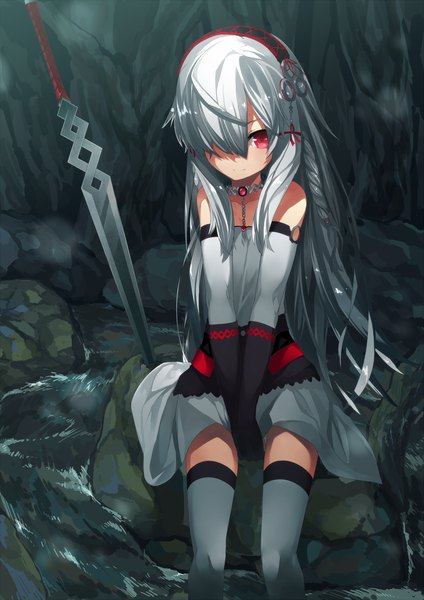 Anime picture 1000x1414 with original en@rain long hair tall image red eyes bare shoulders silver hair braid (braids) girl thighhighs dress gloves weapon white thighhighs sword elbow gloves hairband