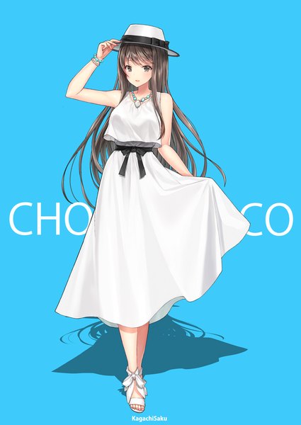 Anime picture 708x1000 with original kagachi saku single long hair tall image looking at viewer blush fringe breasts open mouth simple background smile brown hair standing brown eyes signed full body nail polish arm up inscription