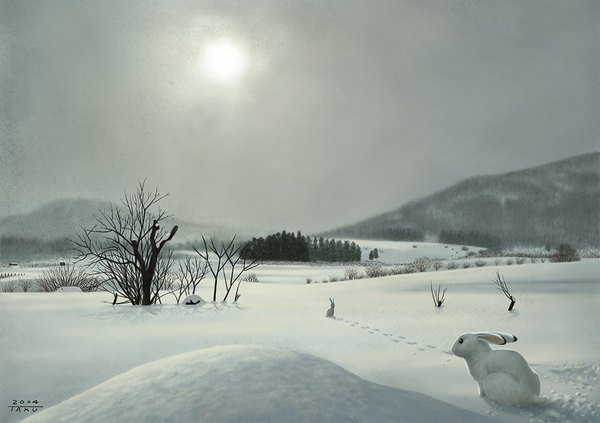 Anime picture 1100x777 with original matataku signed sky cloud (clouds) winter snow no people landscape scenic nature footprints animal tree (trees) forest sun bunny