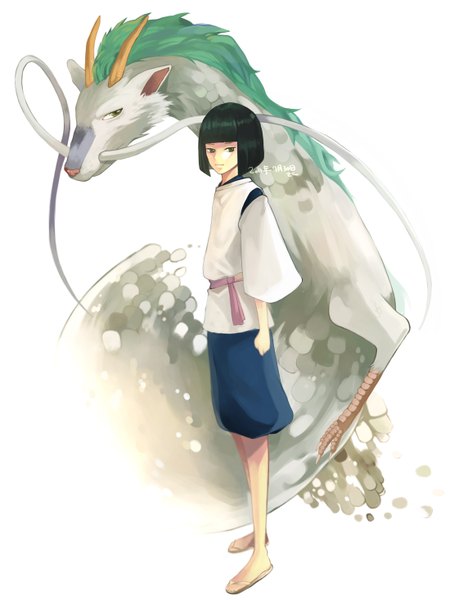 Anime picture 2264x2932 with spirited away studio ghibli haku (spirited away) haku (dragon) single tall image fringe highres short hair black hair simple background white background looking away traditional clothes aqua hair fantasy bob cut boy dragon eastern dragon