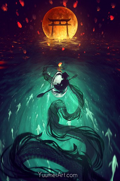 Anime picture 1080x1620 with original yuumei single tall image short hair sitting signed bent knee (knees) from behind night sparkle watermark fantasy red moon animal water moon full moon fish (fishes) dragon