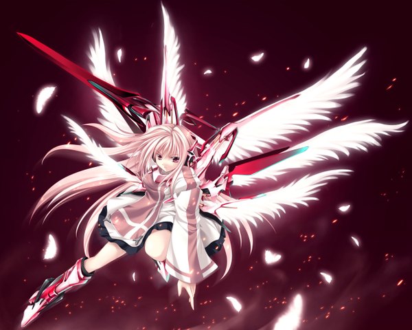 Anime picture 1280x1024 with single long hair looking at viewer blonde hair red background mecha musume girl weapon wings feather (feathers)