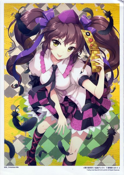 Anime picture 1788x2526 with touhou himekaidou hatate an2a single long hair tall image looking at viewer highres breasts open mouth brown hair twintails green eyes from above short sleeves puffy sleeves checkered floor checkered skirt girl skirt