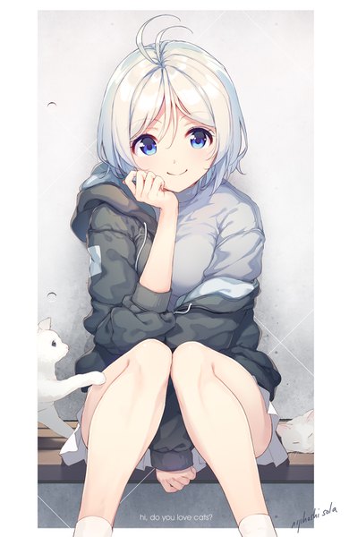 Anime picture 975x1500 with virtual youtuber dennou shoujo youtuber shiro shiro (dennou shoujo youtuber shiro) nijihashi sora single tall image looking at viewer blush fringe short hair blue eyes simple background smile hair between eyes sitting signed silver hair ahoge pleated skirt off shoulder