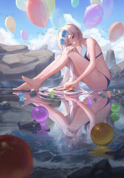 Anime picture 4742x6812 with honkai impact 3rd honkai (series) kiana kaslana shengkai167 single long hair tall image looking at viewer fringe highres breasts blue eyes light erotic sitting holding absurdres sky silver hair cloud (clouds) full body