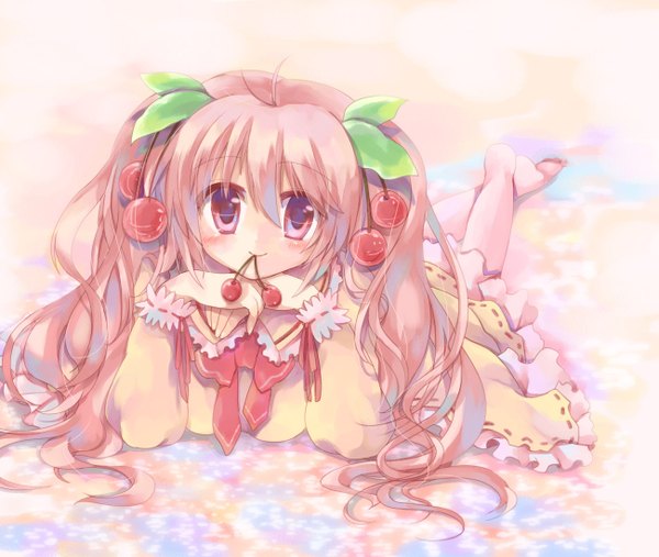 Anime picture 1300x1100 with vocaloid hatsune miku sakura miku hizukiryou (artist) single long hair looking at viewer red eyes twintails pink hair light smile girl dress food berry (berries) cherry