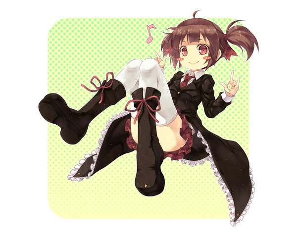 Anime picture 1024x819 with ben-tou david production single blush short hair simple background smile red eyes brown hair twintails girl thighhighs white thighhighs