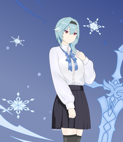 Anime picture 4000x4600 with genshin impact eula lawrence alina saprykina single tall image fringe highres short hair simple background hair between eyes red eyes standing looking away absurdres long sleeves pleated skirt aqua hair alternate costume zettai ryouiki blue background