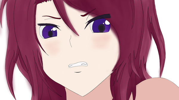 Anime picture 1280x720 with original sv0n single long hair looking at viewer blush fringe simple background hair between eyes wide image white background purple eyes red hair grin close-up angry girl