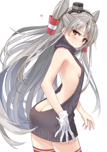 Anime picture 700x989 with kantai collection amatsukaze destroyer yahako single long hair tall image looking at viewer blush fringe light erotic simple background white background bare shoulders brown eyes payot ass grey hair two side up embarrassed turning head