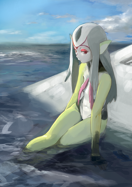 Anime picture 1131x1600 with blue submarine no 6 gonzo mutio attall single long hair tall image looking at viewer light erotic red eyes sitting sky cloud (clouds) pointy ears grey hair eyeshadow monster girl soaking feet green skin girl