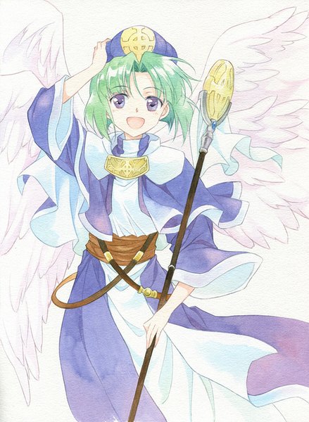 Anime picture 650x889 with next king fennel nasturtium agahari single tall image looking at viewer short hair open mouth simple background white background purple eyes :d green hair hand on head angel wings traditional media watercolor (medium) multiple wings girl hat