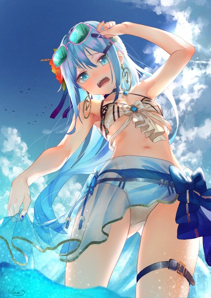 Anime picture 1202x1700 with original lee-chan (saraki) saraki single long hair tall image looking at viewer blush fringe open mouth blue eyes light erotic hair between eyes standing signed payot blue hair sky cloud (clouds) outdoors