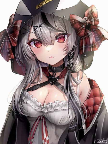 Anime picture 1536x2049 with virtual youtuber hololive sakamata chloe rkc single long hair tall image blush fringe breasts light erotic simple background hair between eyes red eyes large breasts white background cleavage upper body grey hair girl