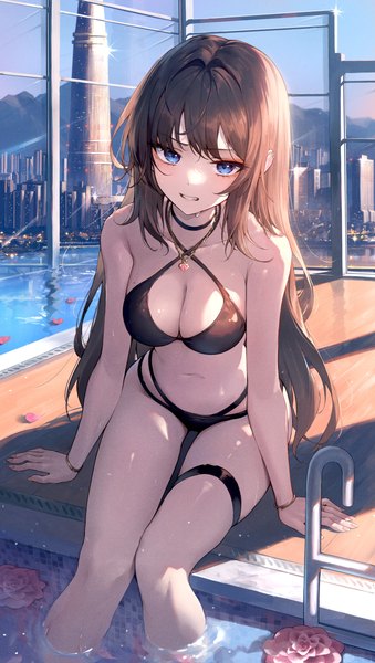 Anime picture 3000x5309 with original kerno single long hair tall image looking at viewer fringe highres breasts light erotic black hair sitting indoors blunt bangs mole arm support city cityscape mole on breast clenched teeth