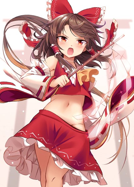 Anime picture 900x1260 with touhou hakurei reimu e.o. single long hair tall image looking at viewer blush open mouth red eyes brown hair midriff groin girl skirt navel bow hair bow detached sleeves skirt set