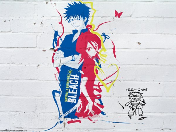 Anime picture 1024x768 with bleach studio pierrot kurosaki ichigo kuchiki rukia kon graffiti