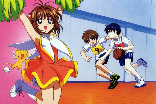 Anime picture 1660x1104 with card captor sakura clamp kinomoto sakura kero li xiaolang hiiragizawa eriol open mouth smile brown hair standing blue hair looking away ahoge bent knee (knees) :d scan multiple boys standing on one leg running scan artifacts