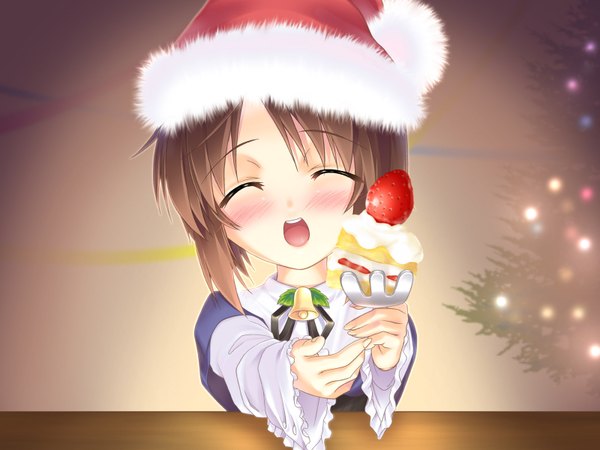 Anime picture 1600x1200 with rozen maiden souseiseki tachibana surimu (artist) single blush short hair open mouth brown hair upper body eyes closed christmas girl hat food sweets berry (berries) santa claus hat cake strawberry fork