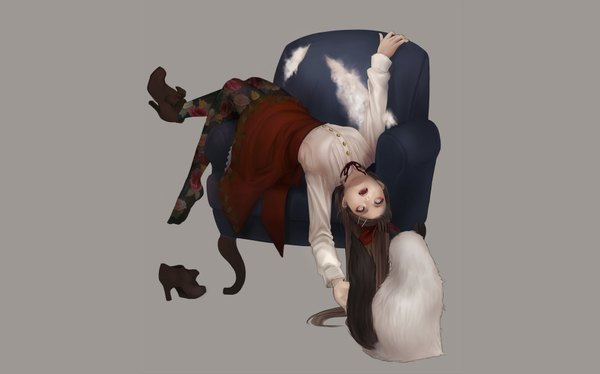 Anime picture 1842x1151 with original pochiharu single long hair highres open mouth simple background brown hair wide image grey background silver eyes girl skirt pantyhose fur armchair