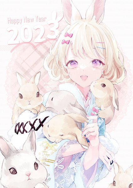Anime picture 1447x2047 with original hoshino ruru single tall image short hair open mouth blonde hair purple eyes animal ears upper body :d bunny ears new year happy new year 2023 girl bow hair bow animal bobby pin