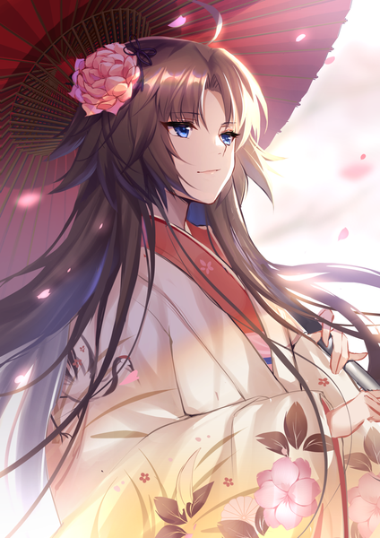 Anime picture 1000x1415 with fate (series) fate/grand order kara no kyoukai type-moon ryougi shiki kernel killer single long hair tall image fringe blue eyes simple background hair between eyes brown hair standing holding looking away ahoge traditional clothes japanese clothes