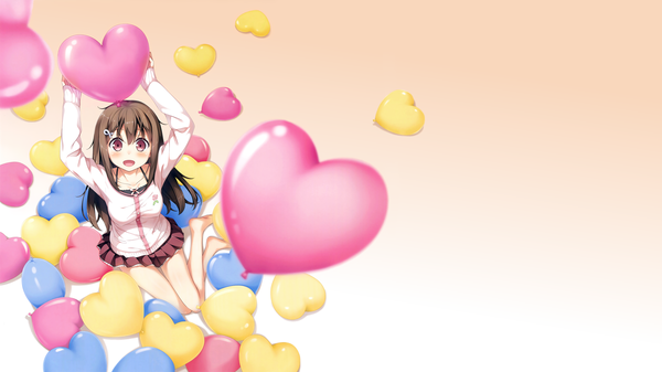 Anime picture 7060x3970 with koi suru kanojo no bukiyou na butai togawa mayuu kantoku single long hair looking at viewer blush highres breasts open mouth simple background smile brown hair wide image large breasts absurdres full body ahoge :d pink eyes