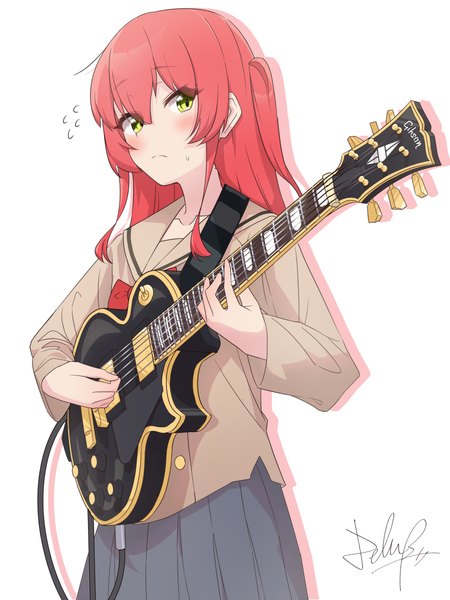 Anime picture 2700x3600 with bocchi the rock! cloverworks gibson kita ikuyo strings-lover single long hair tall image blush fringe highres simple background hair between eyes standing white background green eyes red hair one side up sweatdrop playing instrument