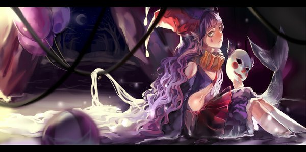 Anime picture 1000x499 with original rifsom single looking at viewer wide image sitting yellow eyes purple hair tail very long hair letterboxed wavy hair sad girl dress socks white socks mask cap wire (wires)