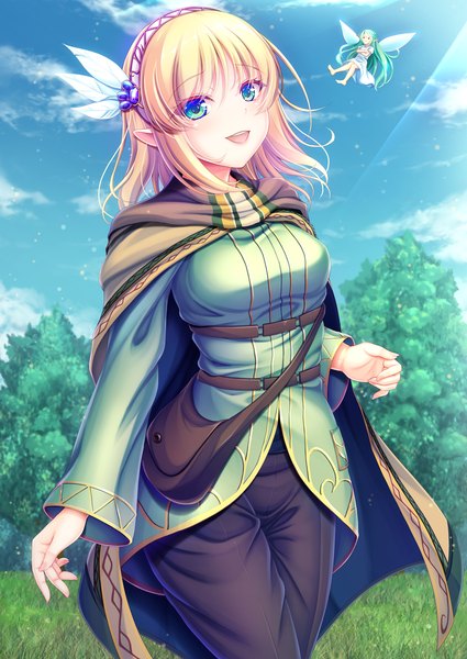 Anime picture 1254x1771 with leadale no daichi nite cayna  (leadale no daichi nite) hiro (725611) long hair tall image looking at viewer blush fringe short hair breasts blue eyes blonde hair smile hair between eyes standing multiple girls payot sky cloud (clouds) outdoors