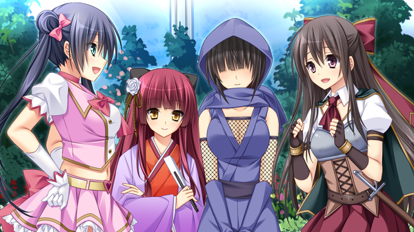 Anime picture 1280x720 with angenehm platz kamiizumi yuuna amagase nene long hair fringe open mouth black hair wide image purple eyes twintails multiple girls yellow eyes blue hair game cg purple hair traditional clothes japanese clothes otoko no ko girl dress