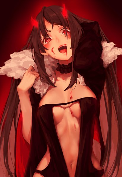Anime picture 2031x2952 with fate (series) fate/grand order yu mei-ren (fate) cyta celest single long hair tall image looking at viewer blush fringe highres breasts open mouth light erotic simple background red eyes brown hair large breasts payot head tilt