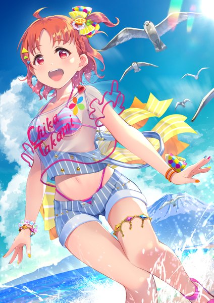 Anime picture 849x1200 with love live! sunshine!! sunrise (studio) love live! takami chika cowengium single tall image short hair open mouth light erotic red eyes sky cloud (clouds) ahoge outdoors nail polish :d orange hair one side up mountain