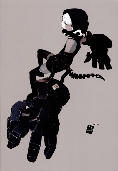 Anime picture 2087x3010 with black rock shooter strength (black rock shooter) huke single tall image highres simple background white hair tail scan girl thighhighs